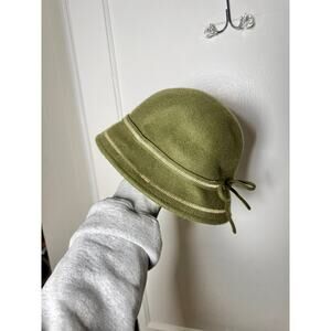 Vintage Merona Olive Green 100% Wool Cloche Bucket Bow 1920's Hat